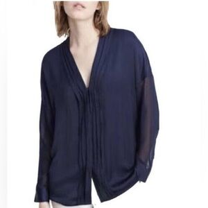 Vince Womens 10 100% Silk Blouse Navy Blue Pleated VNeck Sheer Long Sleeve Tunic